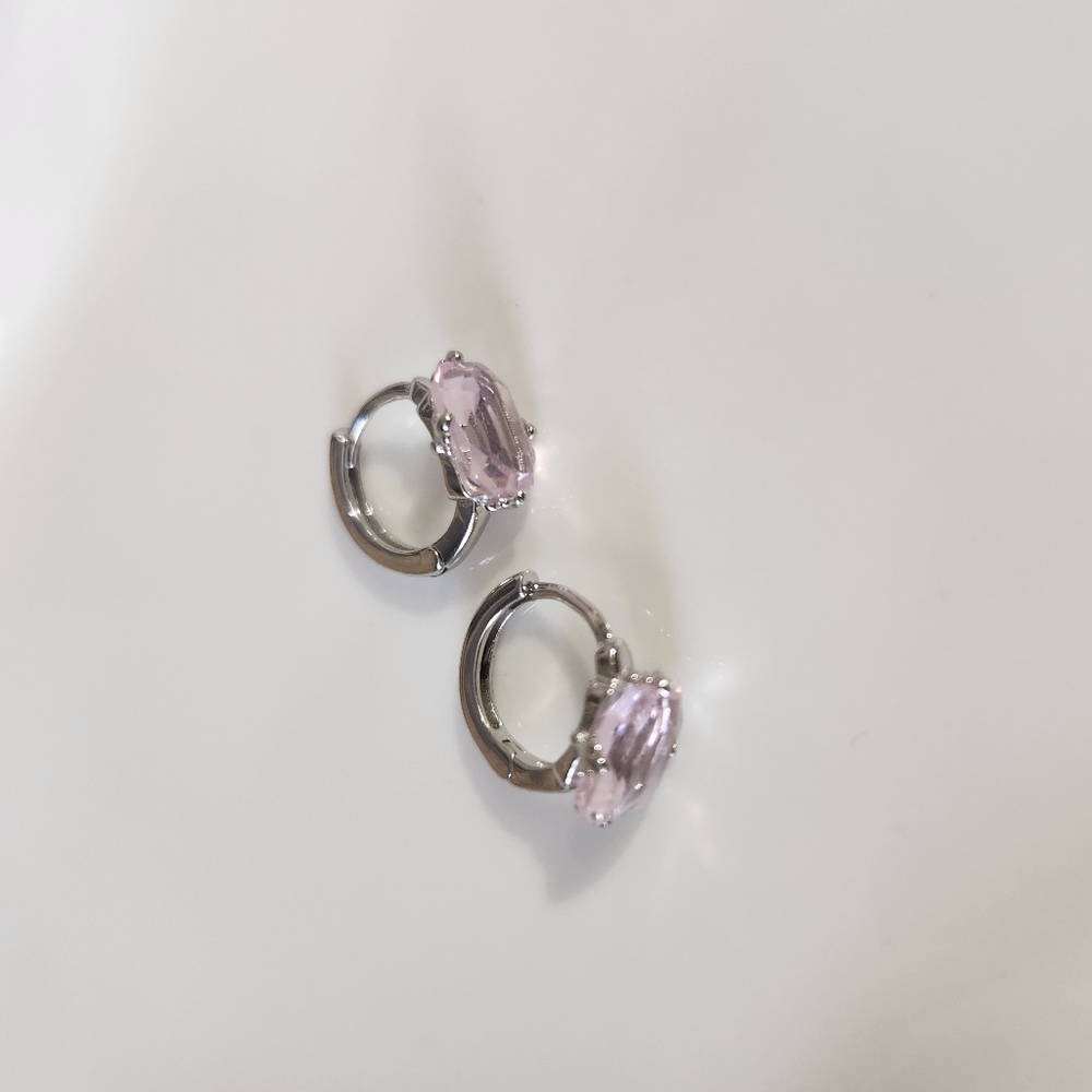 Sterling Silver Pink Zirconia Huggie Earrings - Picture 2 of 5